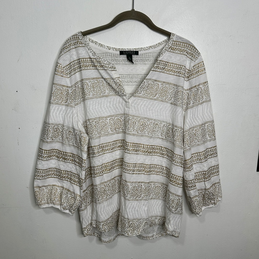 Lauren Ralph Lauren Womens XL White Gold Metallic Block Print Cotton Blouse Top